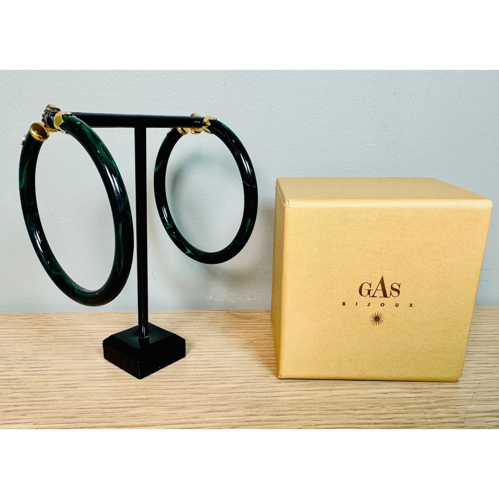 Gas Bijoux France Green Marbled Acetate XL Hoop Earrings Gold Plated w Box